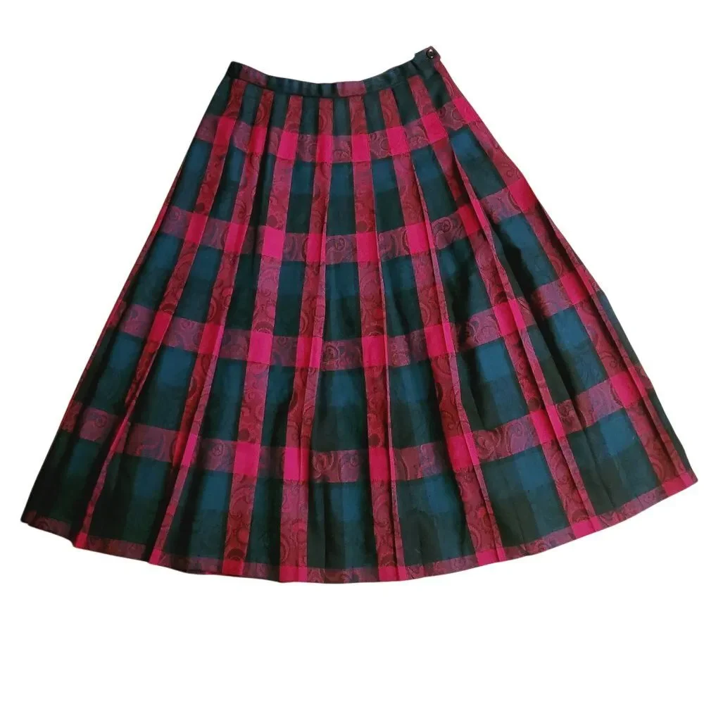 Pendleton Classic Red Black Plaid Paisley Wool Pleated Midi Skirt 12 USA Vintage